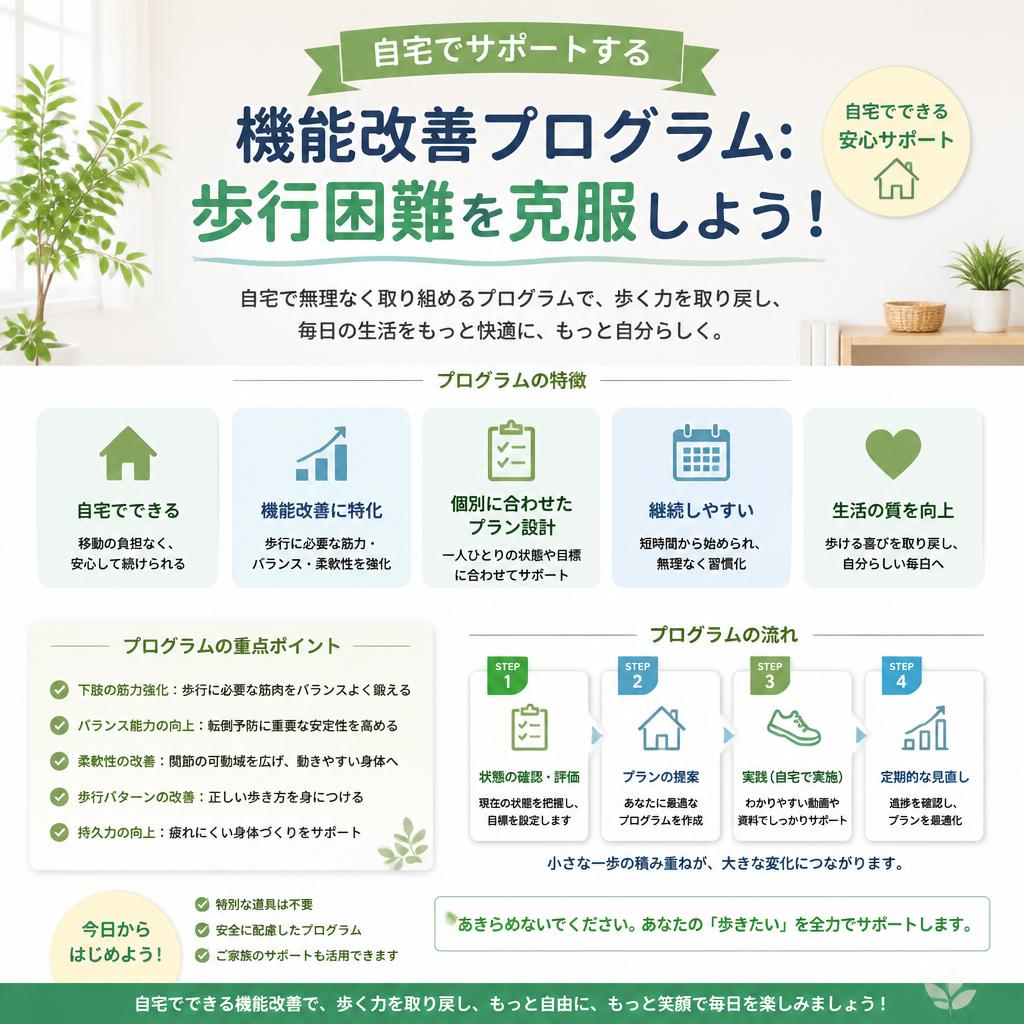 自宅でサポートする機能改善プログラム: 歩行困難を克服しよう！