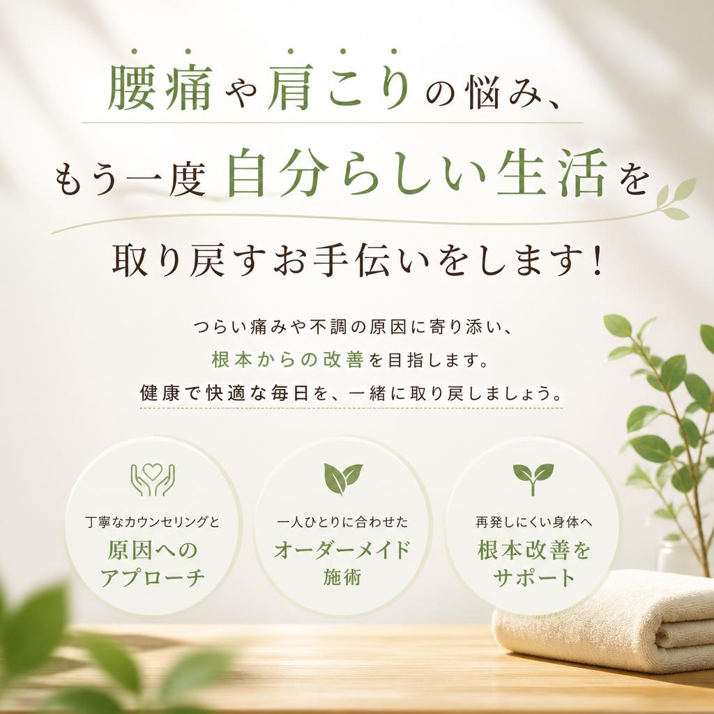 腰痛や肩こりの悩み、もう一度自分らしい生活を取り戻すお手伝いをします！