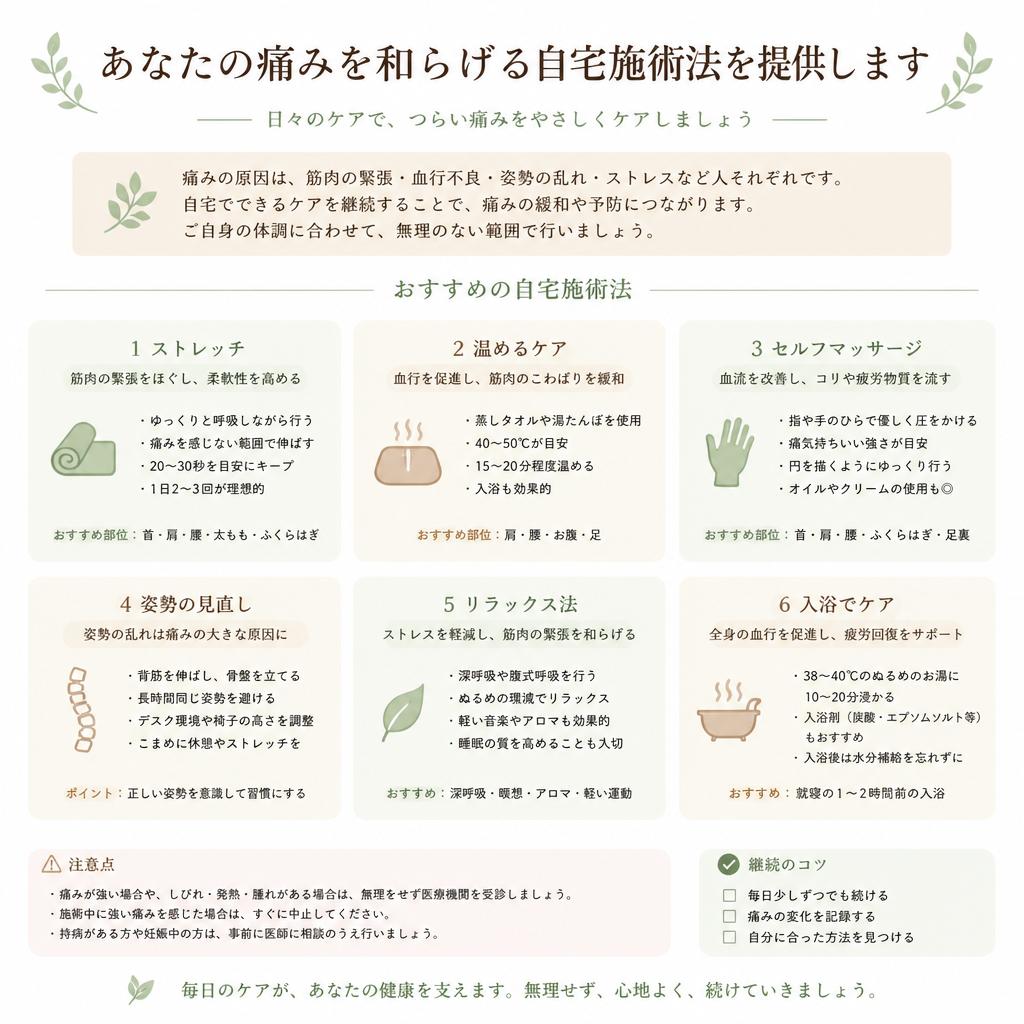 あなたの痛みを和らげる自宅施術法を提供します