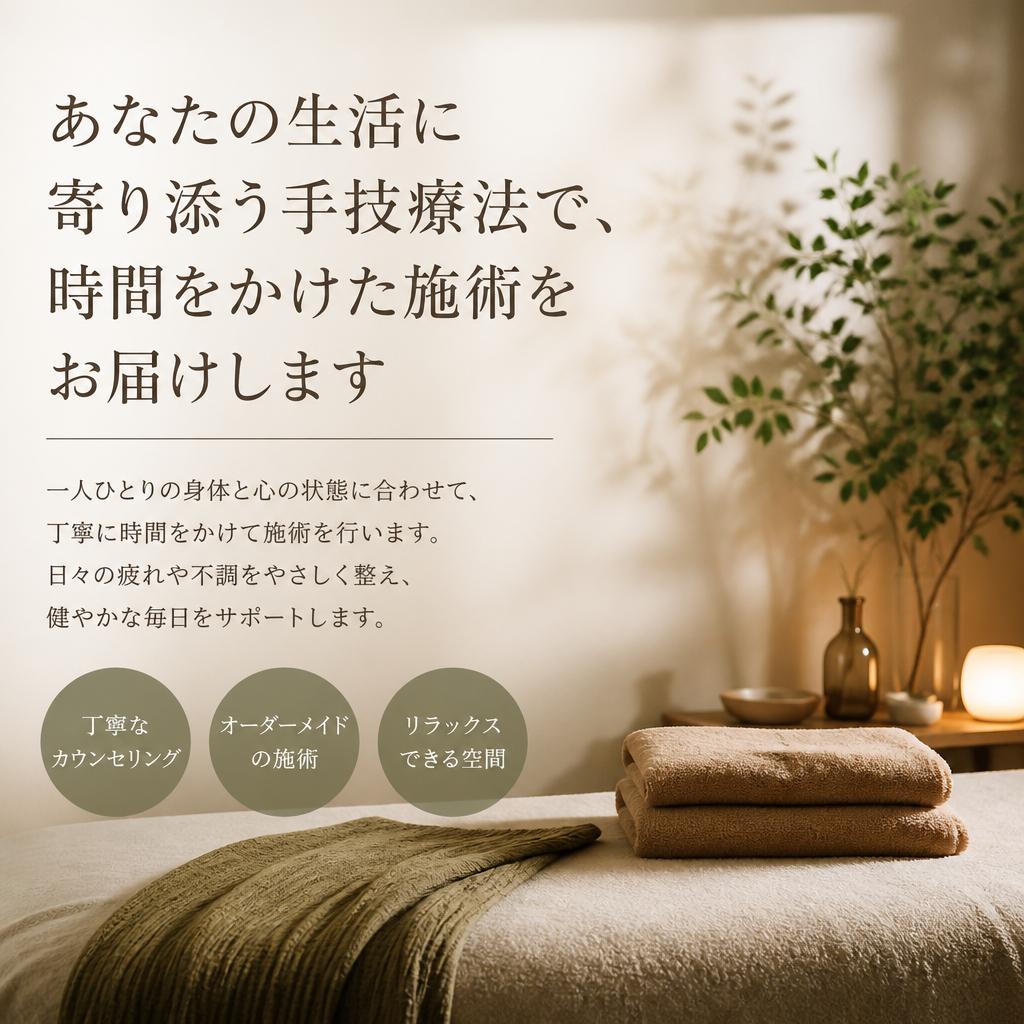 あなたの生活に寄り添う手技療法で、時間をかけた施術をお届けします