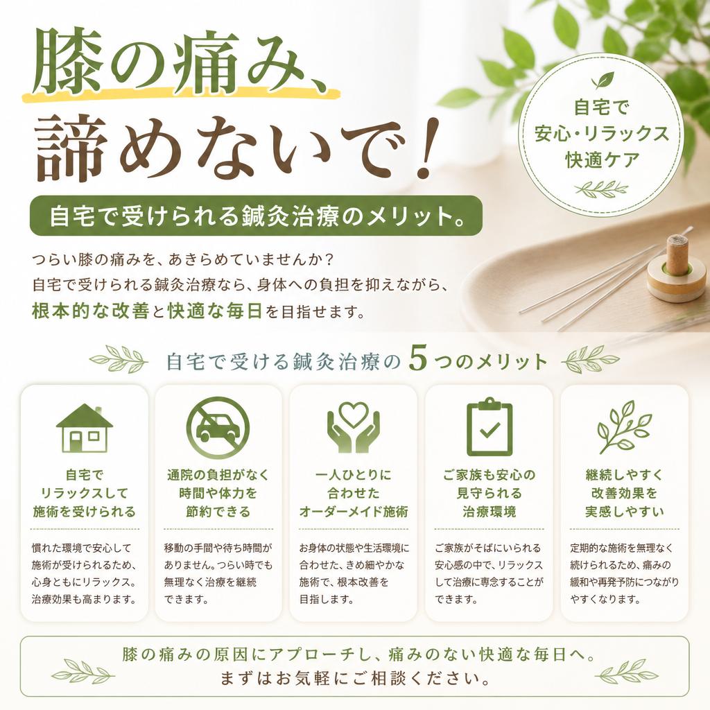 膝の痛み、諦めないで！自宅で受けられる鍼灸治療のメリット。