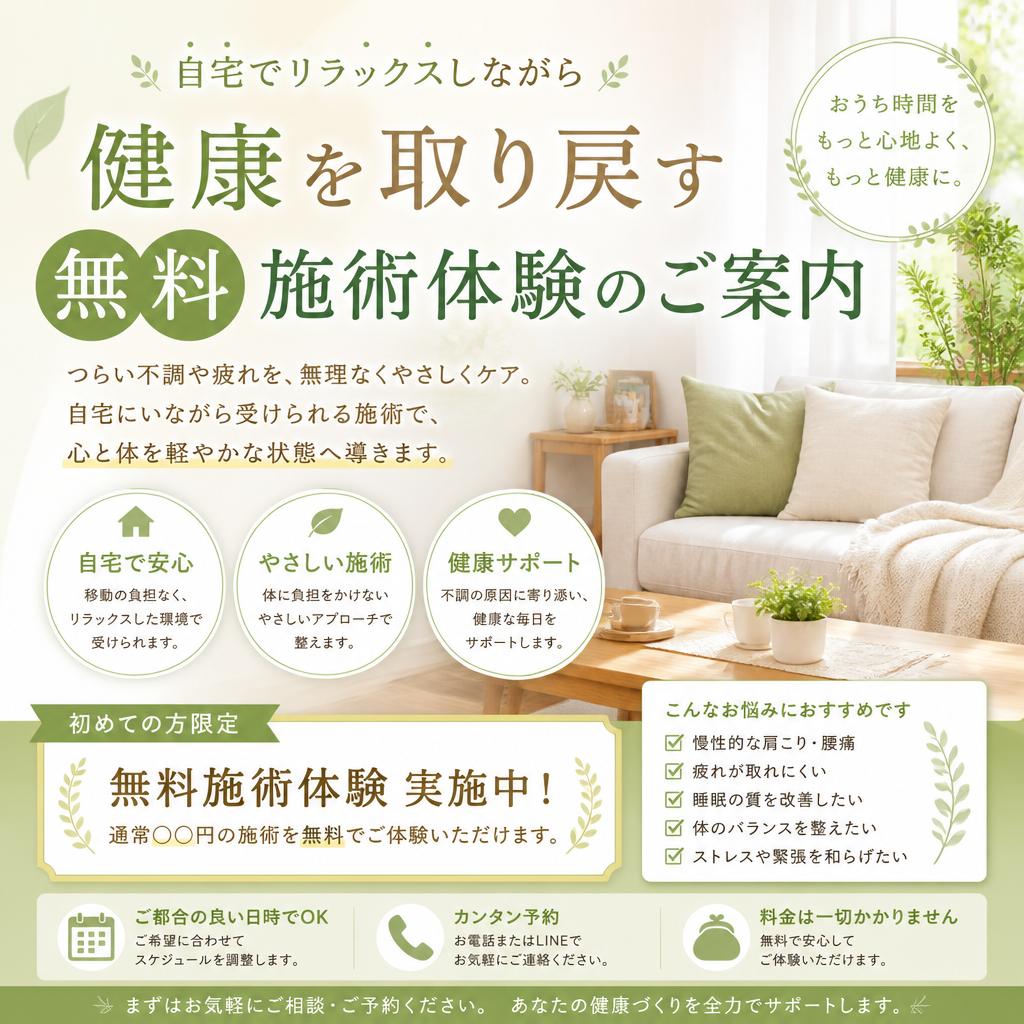 自宅でリラックスしながら健康を取り戻す、無料施術体験のご案内