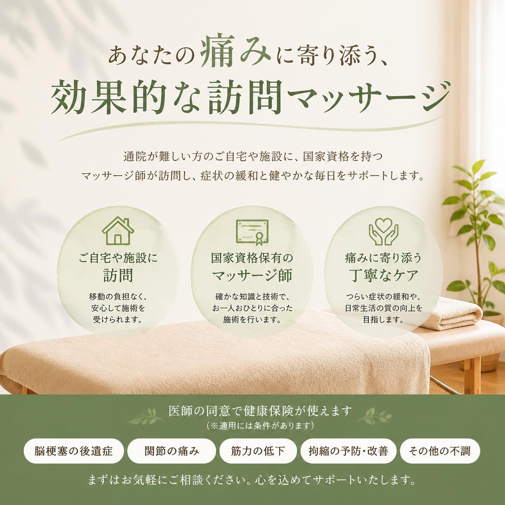 あなたの痛みに寄り添う、効果的な訪問マッサージ